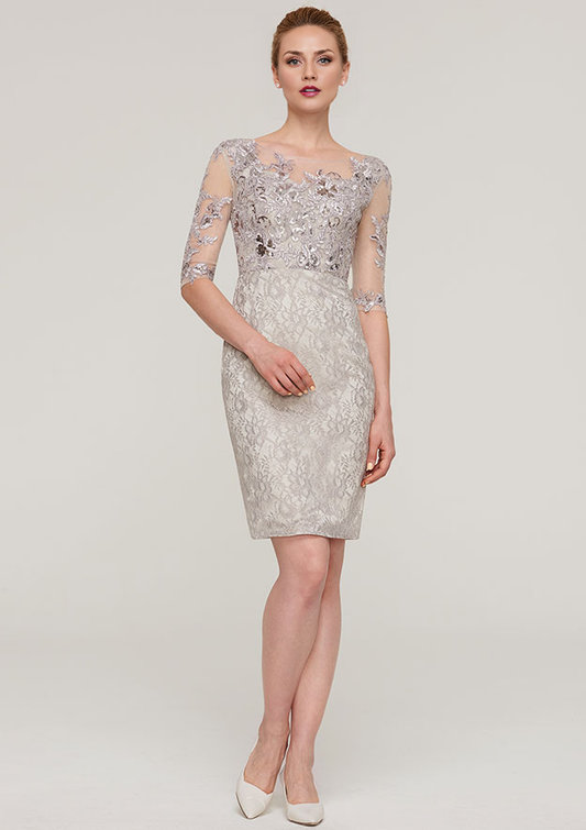 Silver Lace Sheath/column Boat Neck Back Zip Short Dress