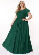Wedding Guests Dresses Emerald A-Line Boat Neck Double-Layer Ruffled Flutter Sleeve Floor-Length Minimalist Plus Size Formal Dress Discount Hot Sale Prom Dress
