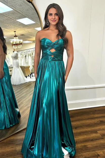AABEI DRESS Hot Sale Prom Dress  A-Line Sweetheart Long Pleated Metallic With Slit Fashion Formal Dress