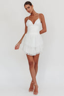 Charming A Line V Neck Spaghetti Strap Layered Ruched Mesh Backless White Mini Dress Hot Sale Homecoming Dress