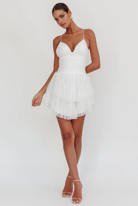 Charming A Line V Neck Spaghetti Strap Layered Ruched Mesh Backless White Mini Dress Hot Sale Homecoming Dress
