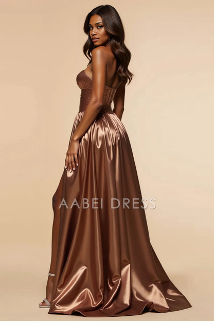 AABEI DRESS Hot Sale Prom Dress Charming Strapless Corset A Line Ruched Sweetheart With Silt Long Formal Dress