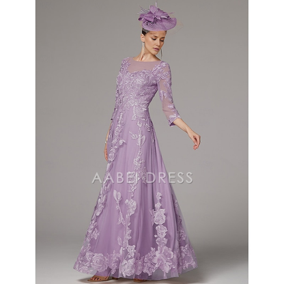 AABEI DRESS Wedding Guest Dress Exquisite A-Line Jewel Neck 3/4 Length Sleeve Beach Wedding Floor Length Lace Pleats Appliques Gorgeous Mother of the Bride Dress