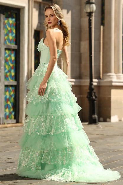 Gorgeous Prom Dress Green A Line Strapless V Neck with Bow Sleeveless Layered Ruffled High Slit Backless Bargain Long Wedding Guest Dress