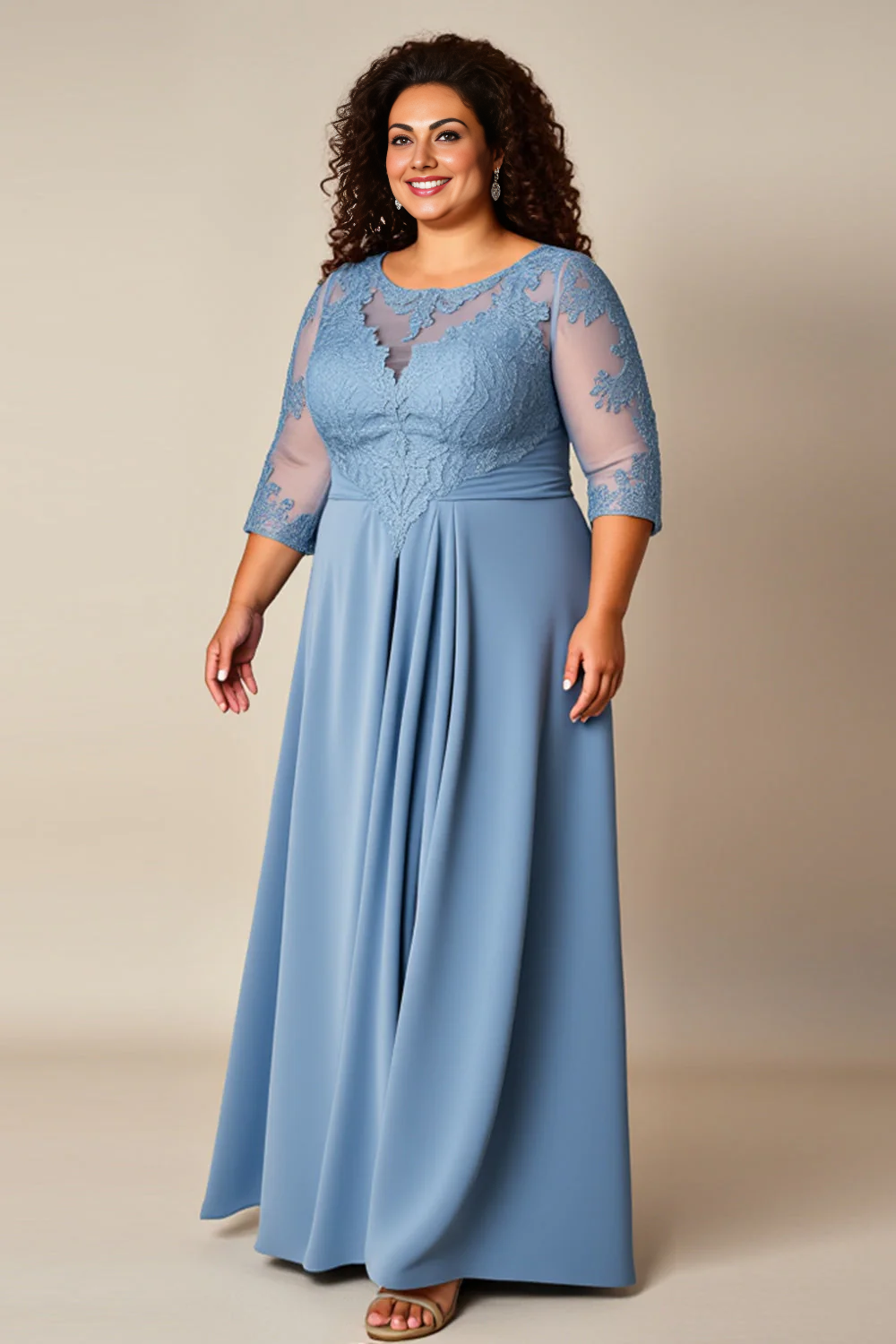 Wedding Guest Dress Dusty Blue A Line Round Neck 3/4 Long Sleeve Appliqued Lace Pleated Plus Size Dress Elegant Long Mother of the Bride Dress