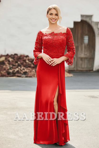 AABEI DRESS Mother of the Bride Dresses Ruffles Long Sleeves Sheath Dress With Slit Elegant Formal Dress Wedding Guests Dresses