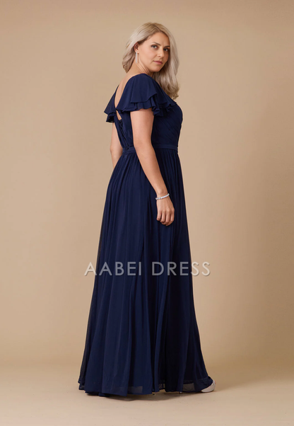 AABEI DRESS Formal Wear Dresse Elegant A Line V Neck Pleated Short Sleeve Side Fork Plus Size Long Mother Of The Bride Dress