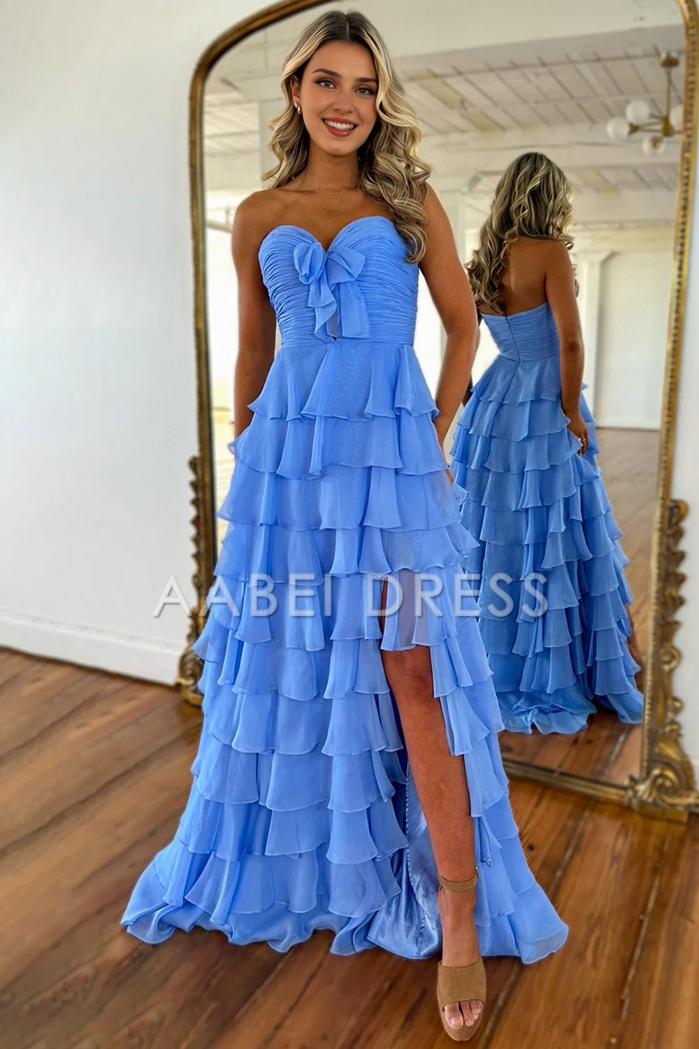AABEI DRESS Prom Dress Cute A-Line Sweetheart Strapless Tiered Chiffon Side Fork Elegant Formal Dress
