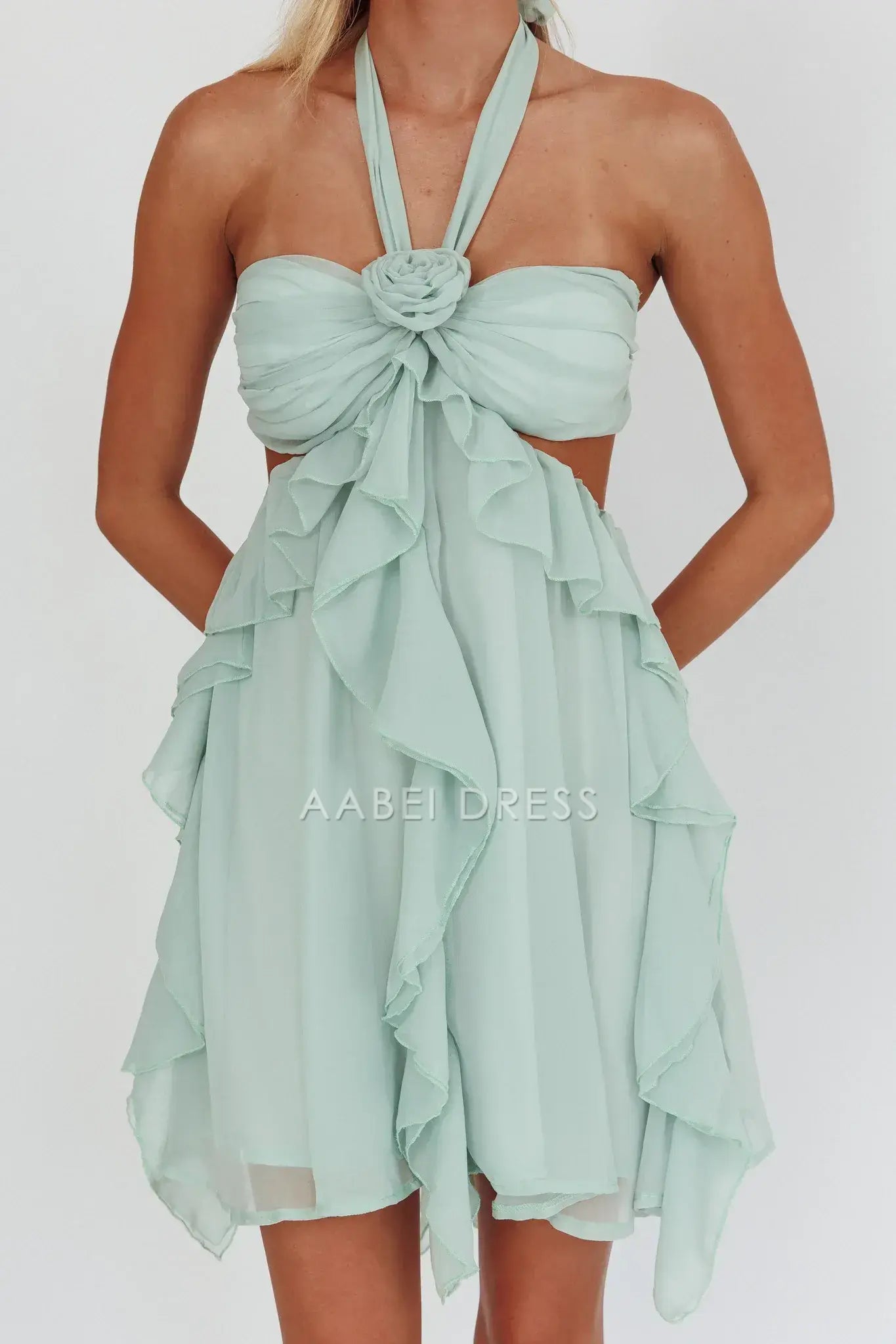 Elegant A Line Halter Cut-Out Ruffle Backless Sage Cute Mini Dress Hot Sale Homecoming Dress