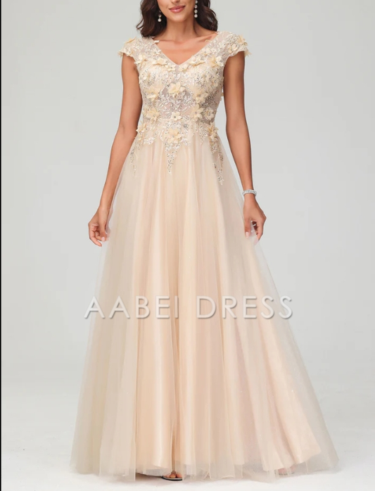 AABEI DRESS A-Line V Neck Cap Sleeves See-through Applique Tulle Floor Length Dress Elegant Evening Dress