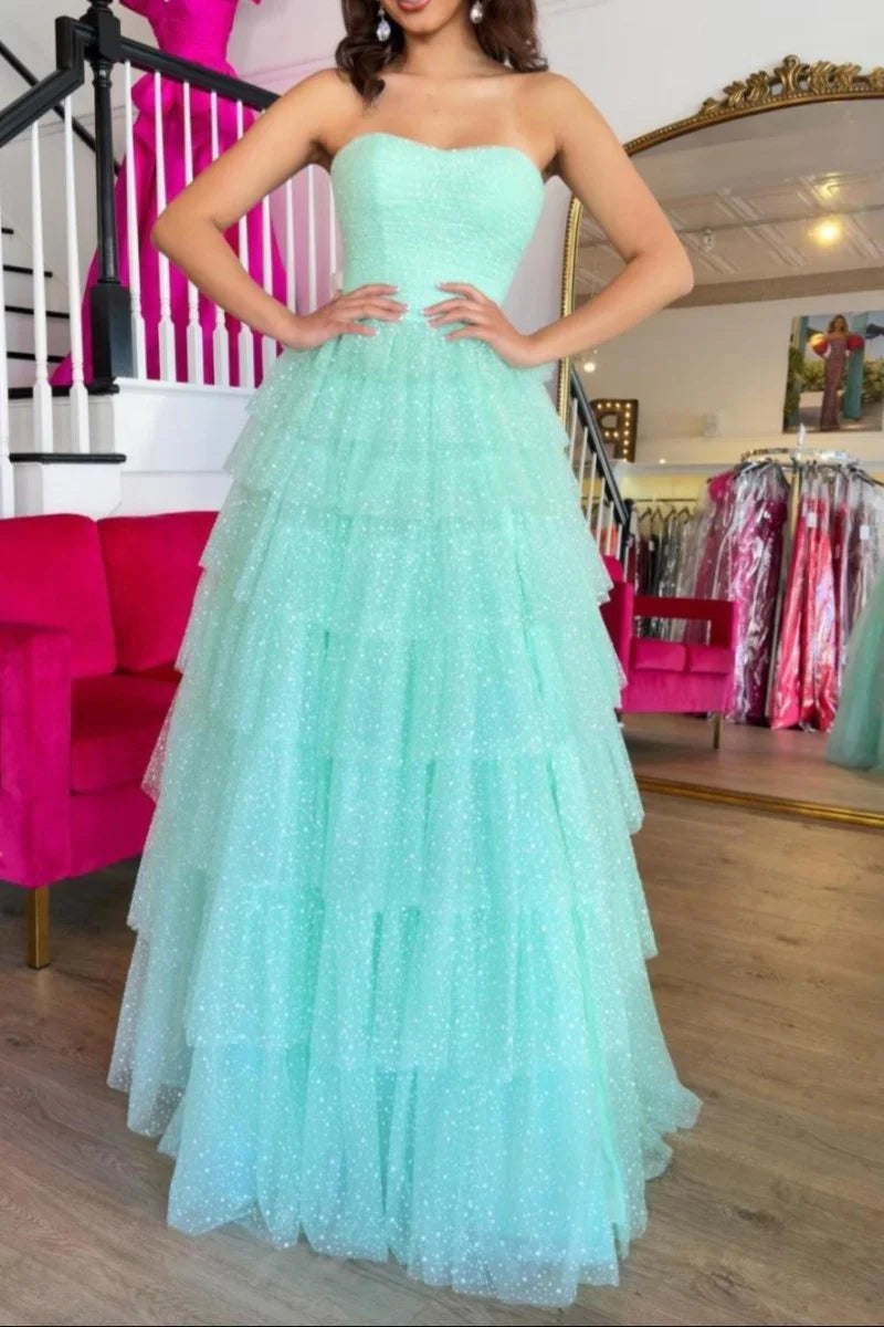 Aqua Blue Sparkle Tulle A-Line Strapless Sweetheart Neckline Tiered Ruched with Slit Gorgeous Wedding Guest Dress Long Hot Sale Prom Dresses