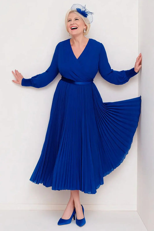 Dark Blue A Line V-Neck Pleated with Long Sleeves Pleated Plus Size Dress Elegant Wedding Guest Dress For Women Hot Sale Mother of the Bride Dress