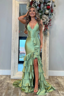 AABEI DRESS Prom Dress Cute Mermaid V Neck Spaghetti Strap Satin Tiers Long with Slit Fashion Formal Dress