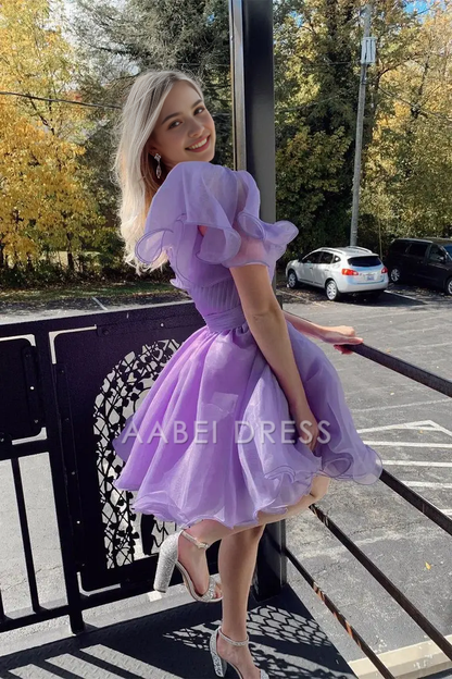 AABEI DRESS Elegant A Line One Shoulder Flutter Sleeves Ruffle Tulle Fashion Hot Sale Short Homecoming Dress