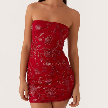 AABEI DRESS New Homecoming Dress Sequin Strapless Mini Dress Sparkly Backless Tube Dress Floral Bodycon Party Club Dresses Prom Dress
