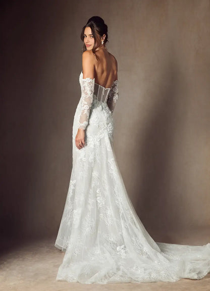 Romantic White Mermaid Strapless With Sleeves French Vintage Lace Backless Hot Sale Wedding Dress