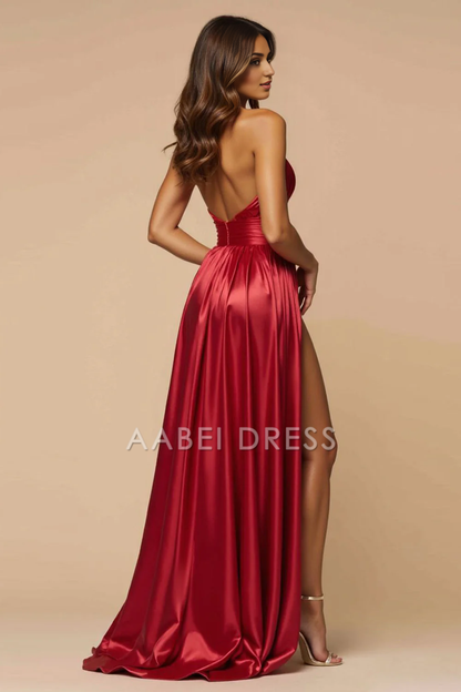 AABEI DRESS Hot Sale Prom Dress Charming A Line Deep V Neck Halter Pleated Backless Long With Slit Formal Dress