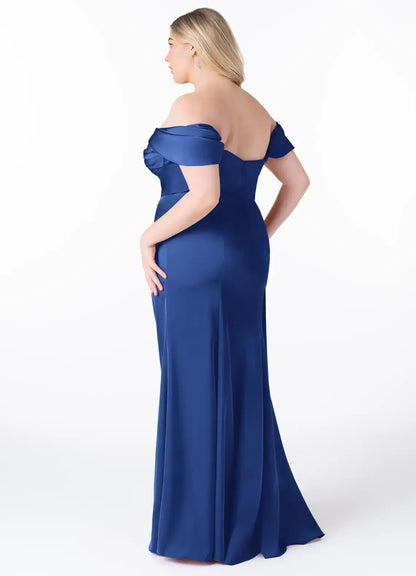 Wedding Guests Dresses Royal Blue Charming Mermaid Off the Shoulder Pleated Sleeveless Side Fork Fashion Plus Size Formal Dress Discount Hot Sale Prom Dress