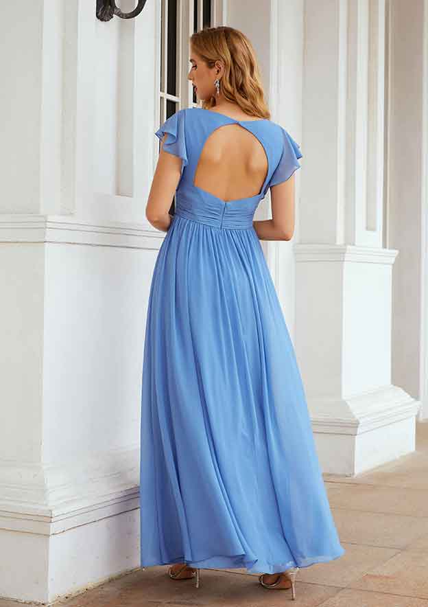 Elegant Blue Chiffon Flowing A-line V Neck Short Sleeve With Pleated Backless Affordable Floor Length Bridesmaid Dress