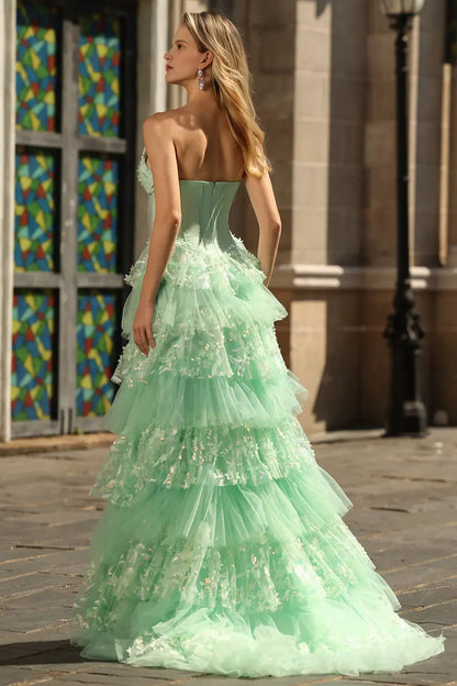 Gorgeous Prom Dress Green A Line Strapless V Neck with Bow Sleeveless Layered Ruffled High Slit Backless Bargain Long Wedding Guest Dress