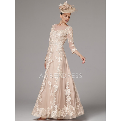 AABEI DRESS Wedding Guest Dress Exquisite A-Line Jewel Neck 3/4 Length Sleeve Beach Wedding Floor Length Lace Pleats Appliques Gorgeous Mother of the Bride Dress