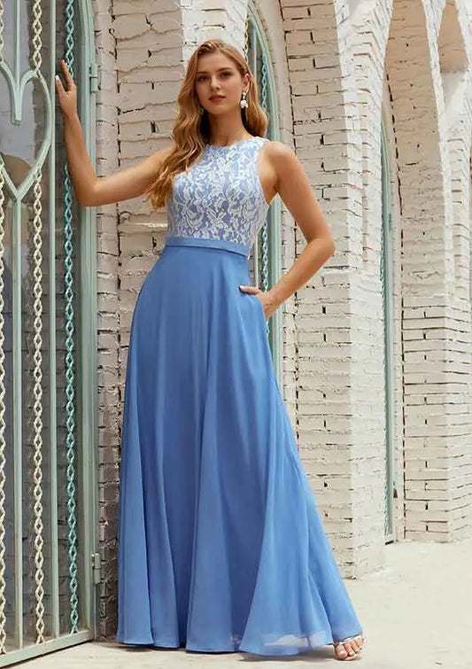 Elegant Chiffon Lace A-line Scoop Neck Sleeveless With Pockets Ruched Affordable Floor-Length Bridesmaid Dress