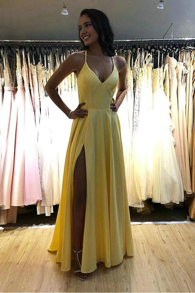 AABEI DRESS Party Dress Elegant A-Line V Neck Spaghetti Straps Side Fork Long Prom Dress