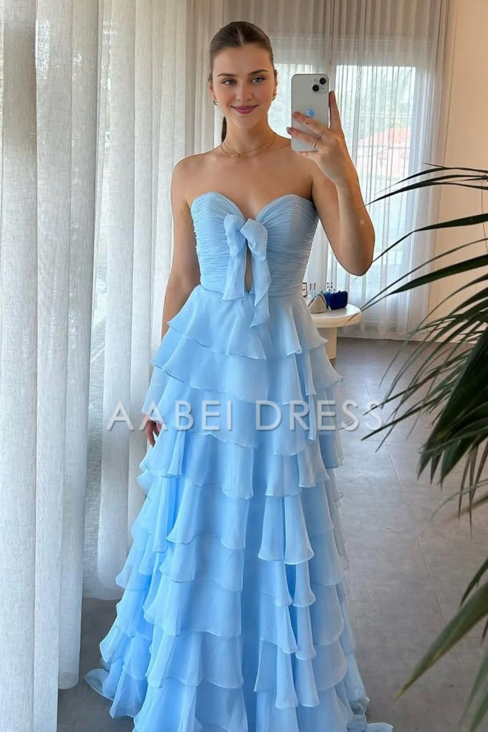 AABEI DRESS Prom Dress Cute A-Line Sweetheart Strapless Tiered Chiffon Side Fork Elegant Formal Dress