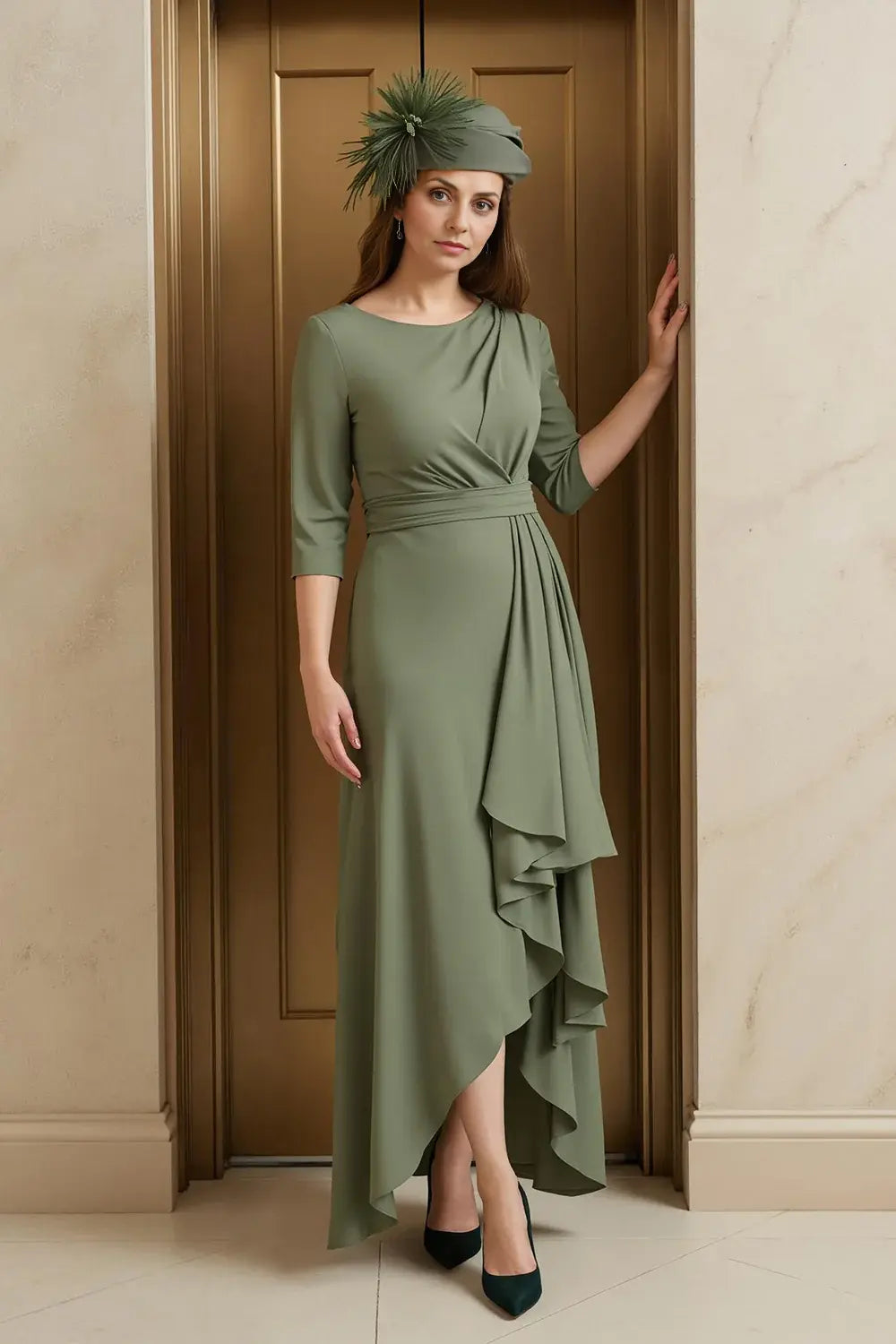 Olive A Line Round Neck 3/4 Long Sleeve Asymmetrical Ruched Hem Elegant Long Wedding Guest Dress Hot Sale Mother of the Bride Dresses
