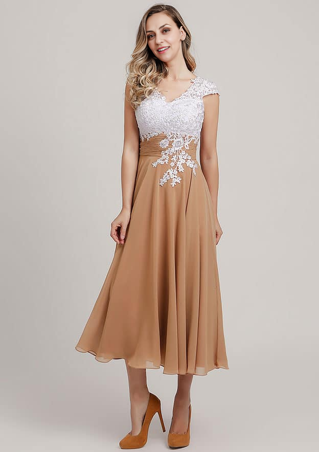 Vintage Elegant Wedding Guest Dresses Chiffon A-line V Neck Cap Sleeve With Lace Applique Ruched Tea-Length Bargain Mother of the Bride Dress