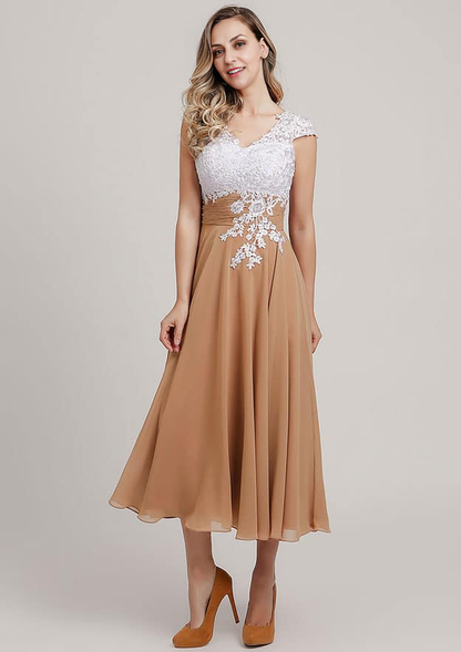 Vintage Elegant Wedding Guest Dresses Chiffon A-line V Neck Cap Sleeve With Lace Applique Ruched Tea-Length Bargain Mother of the Bride Dress