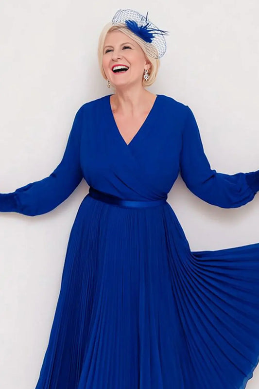 Dark Blue A Line V-Neck Pleated with Long Sleeves Pleated Plus Size Dress Elegant Wedding Guest Dress For Women Hot Sale Mother of the Bride Dress
