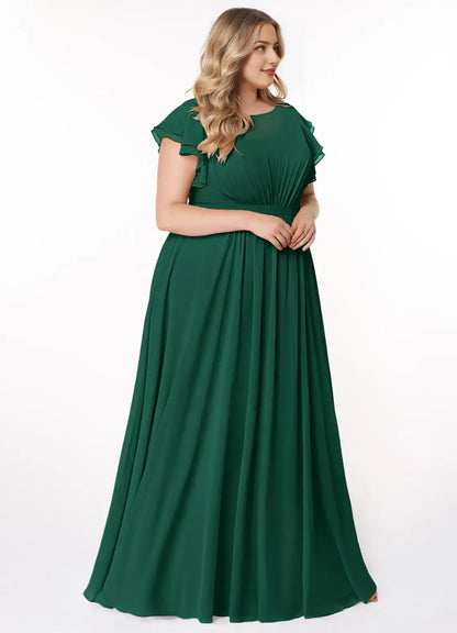 Wedding Guests Dresses Emerald A-Line Boat Neck Double-Layer Ruffled Flutter Sleeve Floor-Length Minimalist Plus Size Formal Dress Discount Hot Sale Prom Dress