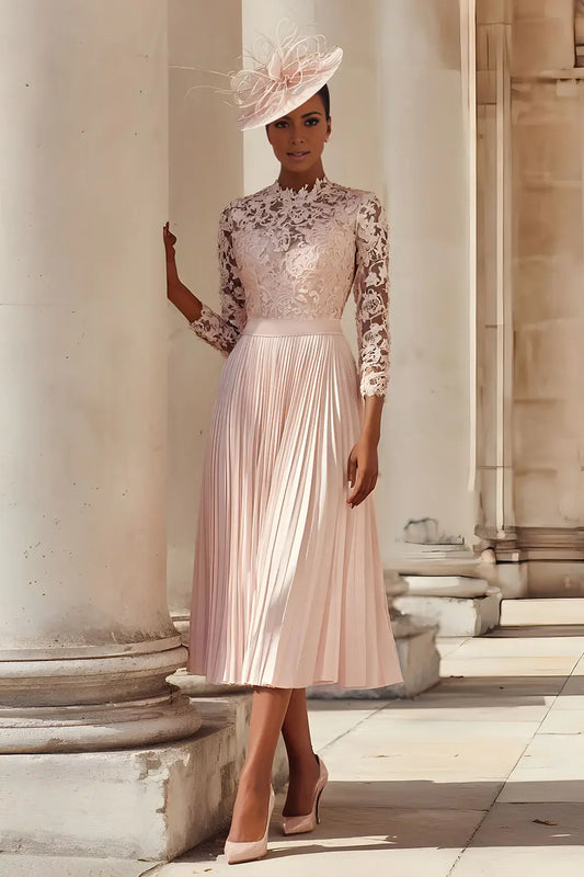 Retro Blush Pink A Line High Collar with Lace 3/4 Long Sleeve Pleated Dress Elegant Midi Wedding Guest Dress For Women Hot Sale Mother of the Bride Dress