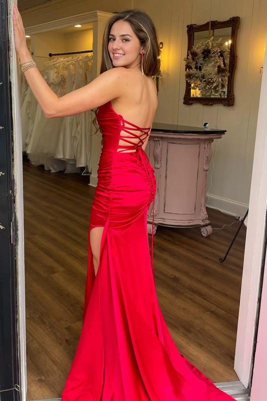 Evening Dress Strapless Lace-Up Ruched Mermaid Long Formal Dress Side Fork Charming Backless Sweep Train Formal Women's Dresses