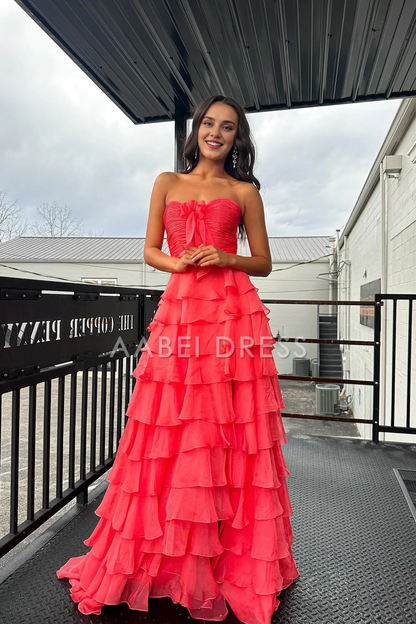 AABEI DRESS Prom Dress Cute A-Line Sweetheart Strapless Tiered Chiffon Side Fork Elegant Formal Dress