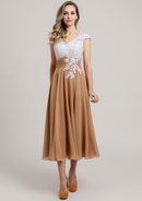 Vintage Elegant Wedding Guest Dresses Chiffon A-line V Neck Cap Sleeve With Lace Applique Ruched Tea-Length Bargain Mother of the Bride Dress