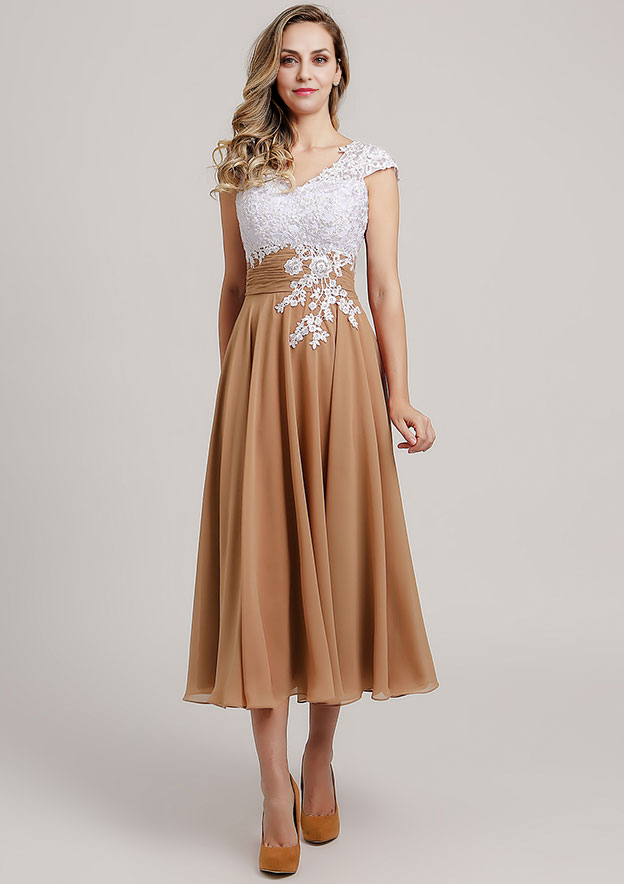 Vintage Elegant Wedding Guest Dresses Chiffon A-line V Neck Cap Sleeve With Lace Applique Ruched Tea-Length Bargain Mother of the Bride Dress