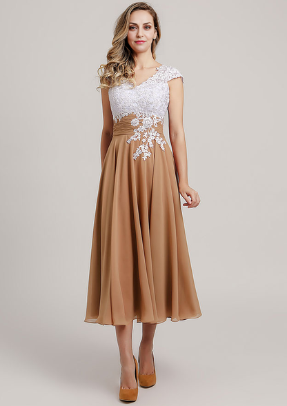 Vintage Elegant Wedding Guest Dresses Chiffon A-line V Neck Cap Sleeve With Lace Applique Ruched Tea-Length Bargain Mother of the Bride Dress