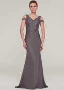 Elegant Wedding Guest Dresses Gray Mermaid V Neck Sleeveless With Sequins Lace Appliqued Sweep Train Bargain Mother of the Bride Dress