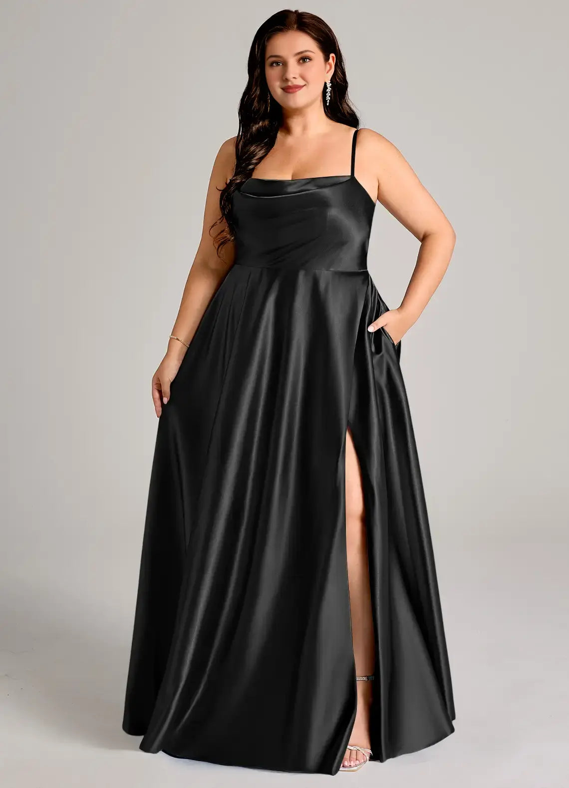 Wedding Guests Dresses Simple Black A-Line Spaghetti Strap Sleeveless with Pockets Side Fork Ruched Backless Floor-Length Plus Size Formal Dress Discount Hot Sale Prom Dress