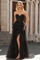 Fashion Prom Dress Black and White Polka Dots A Line Strapless Sweetheart Neckline Sleeveless Layering Ruffled with Slit Backless Bargain Long Wedding Guest Dress