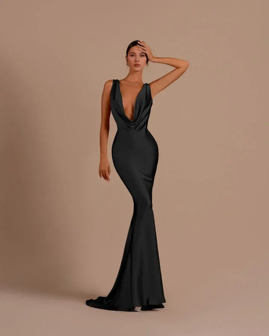 Charming Formal Women's Dresses Sexy Black Mermaid Deep V Neck Sleeveless Long Affordable Prom Dress