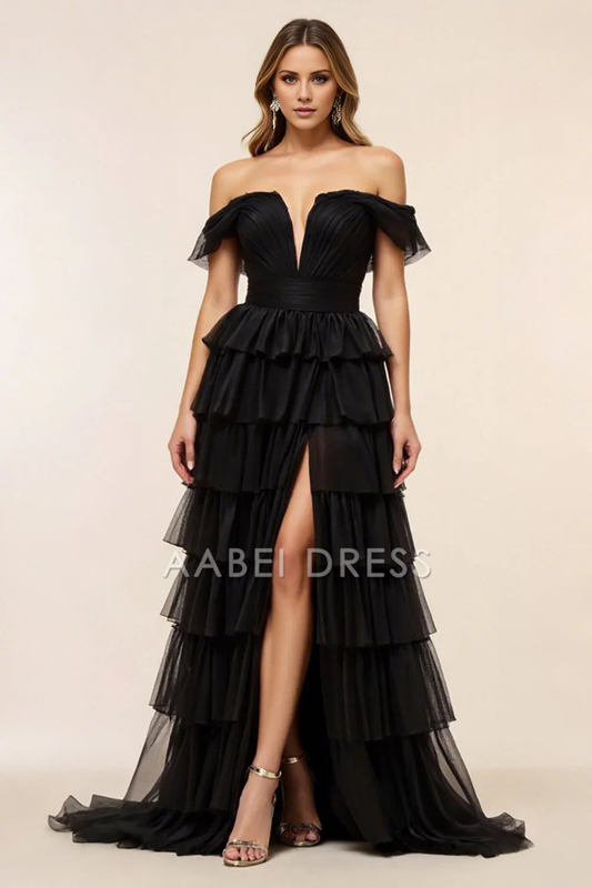AABEI DRESS Hot Sale Prom Dress A Line Off The Shoulder Chiffon Tiers With Slit Fashion Long Formal Dress