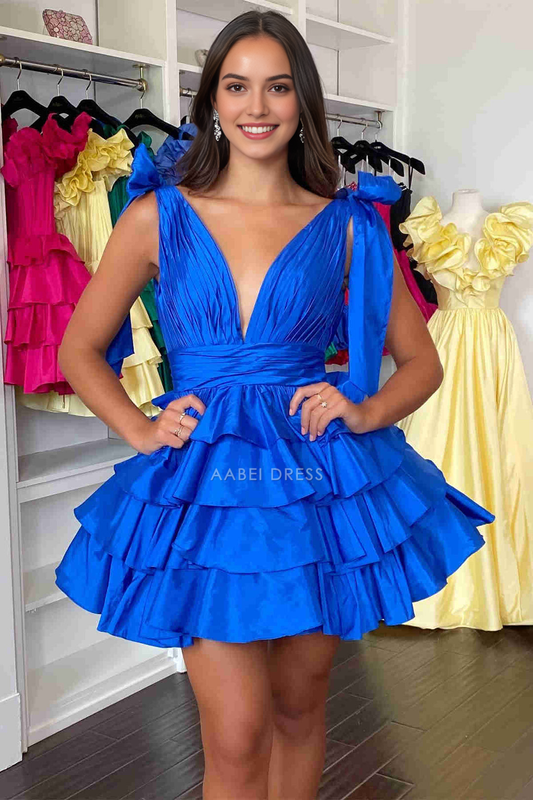 AABEI DRESS New Homecoming Dress Fashion A-Line Low V-Neck Sleeveless Tiered Satin Pleated Short Prom Dresse