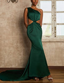 Evening Dress Mermaid One Shoulder Sleeveless Waist Cut-Out Maxi Gown Sexy Open Back Sweep Train Formal Women's Dresses Wedding Guest Dresses