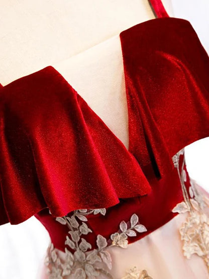 Burgundy Velvet Spaghetti Strap A Line Pink Tulle Prom Dress Floral Appliques