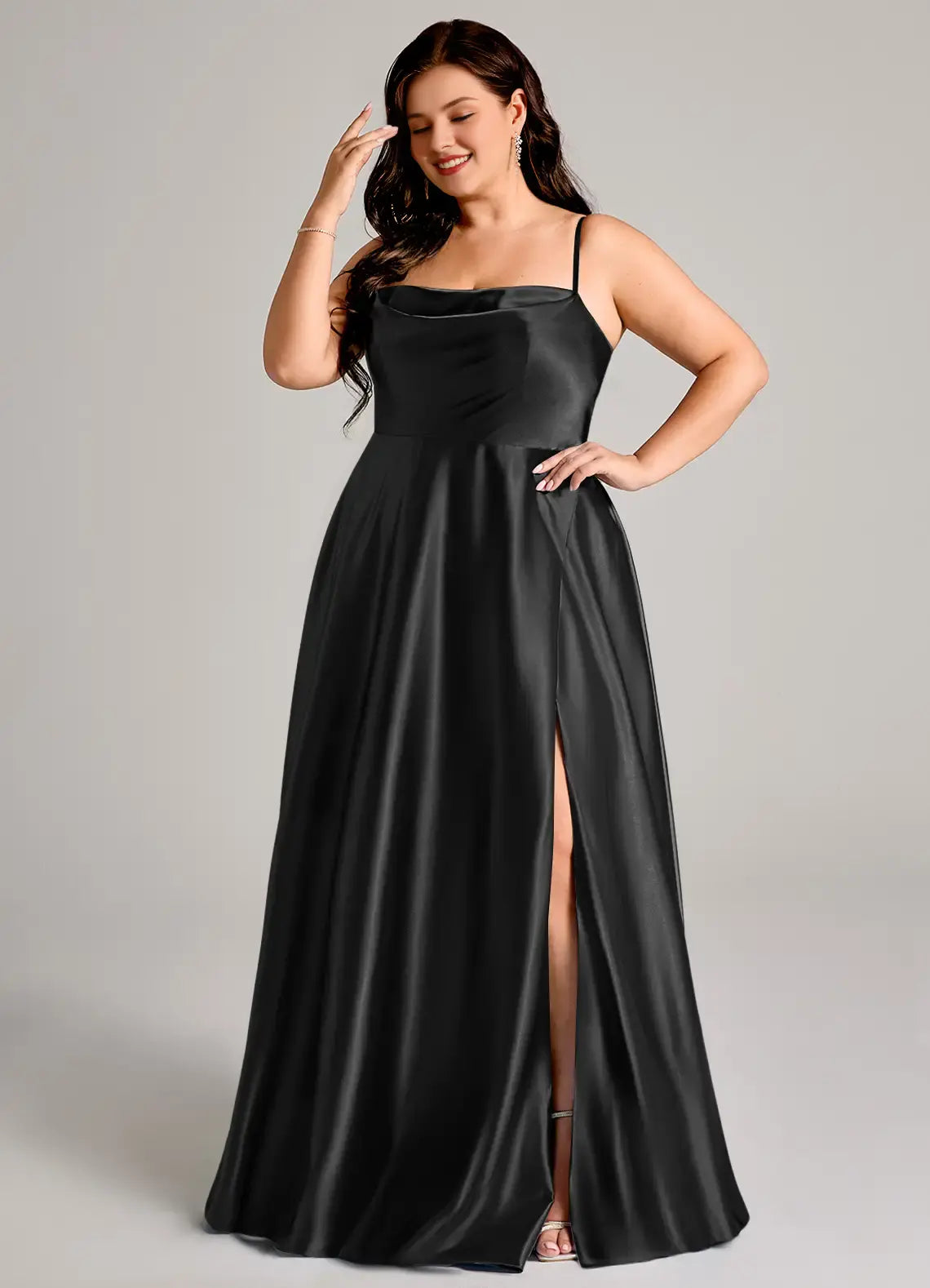 Wedding Guests Dresses Simple Black A-Line Spaghetti Strap Sleeveless with Pockets Side Fork Ruched Backless Floor-Length Plus Size Formal Dress Discount Hot Sale Prom Dress