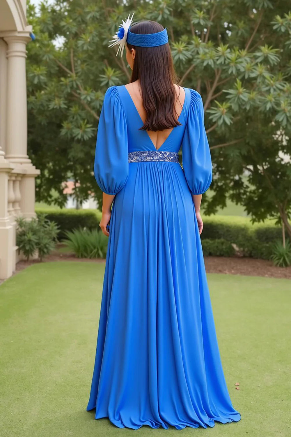 Elegant Blue Chiffon A Line V-Neck 3/4 Long Sleeve Waist Beading Backless Fashion Long Wedding Guest Dress Hot Sale Mother of the Bride Dresses