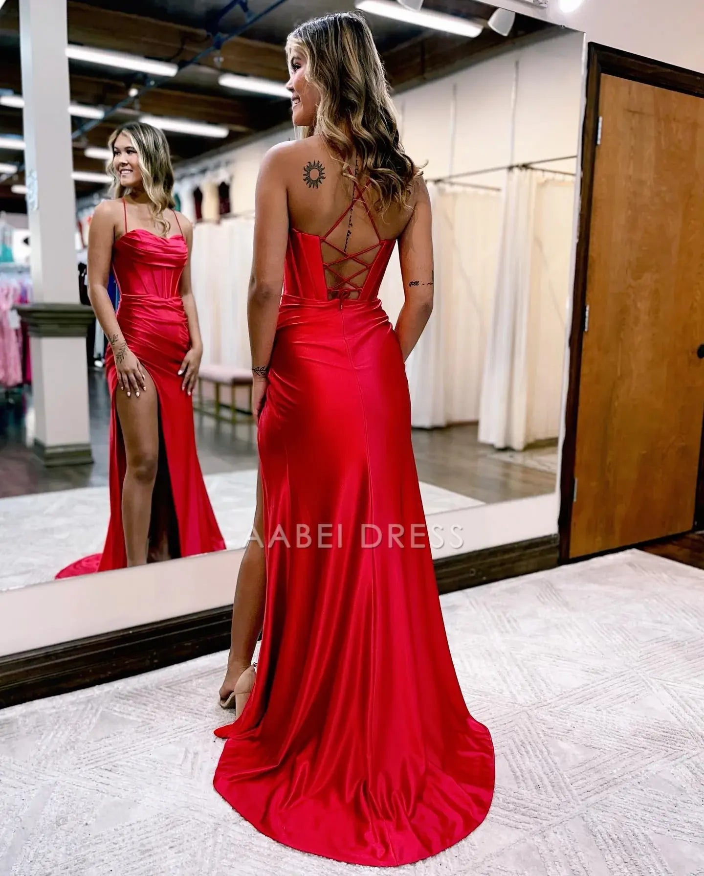 AABEI DRESS Hot Sale Prom Dress Sexy Mermaid Spaghetti Straps Pleated Side Fork Charming Formal Dress
